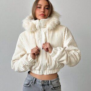 Apricot Casual Women's Corduroy Patchwork faux fur trim Hooded Short Padded Coat